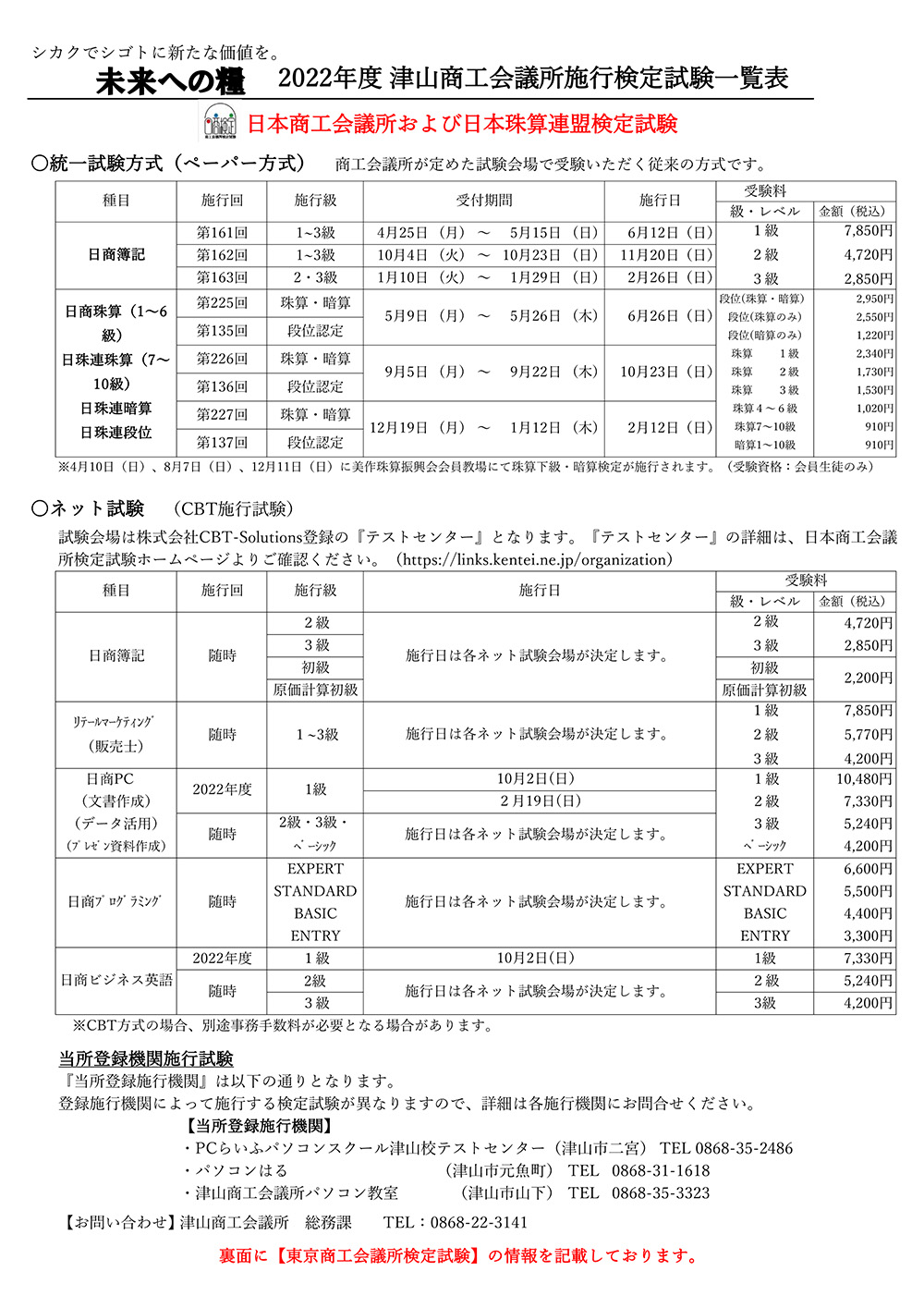 津山商工会議所施工検定試験一覧表