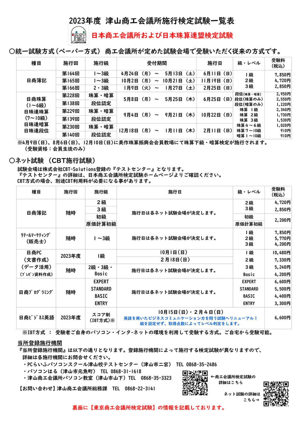 津山商工会議所施工検定試験一覧表
